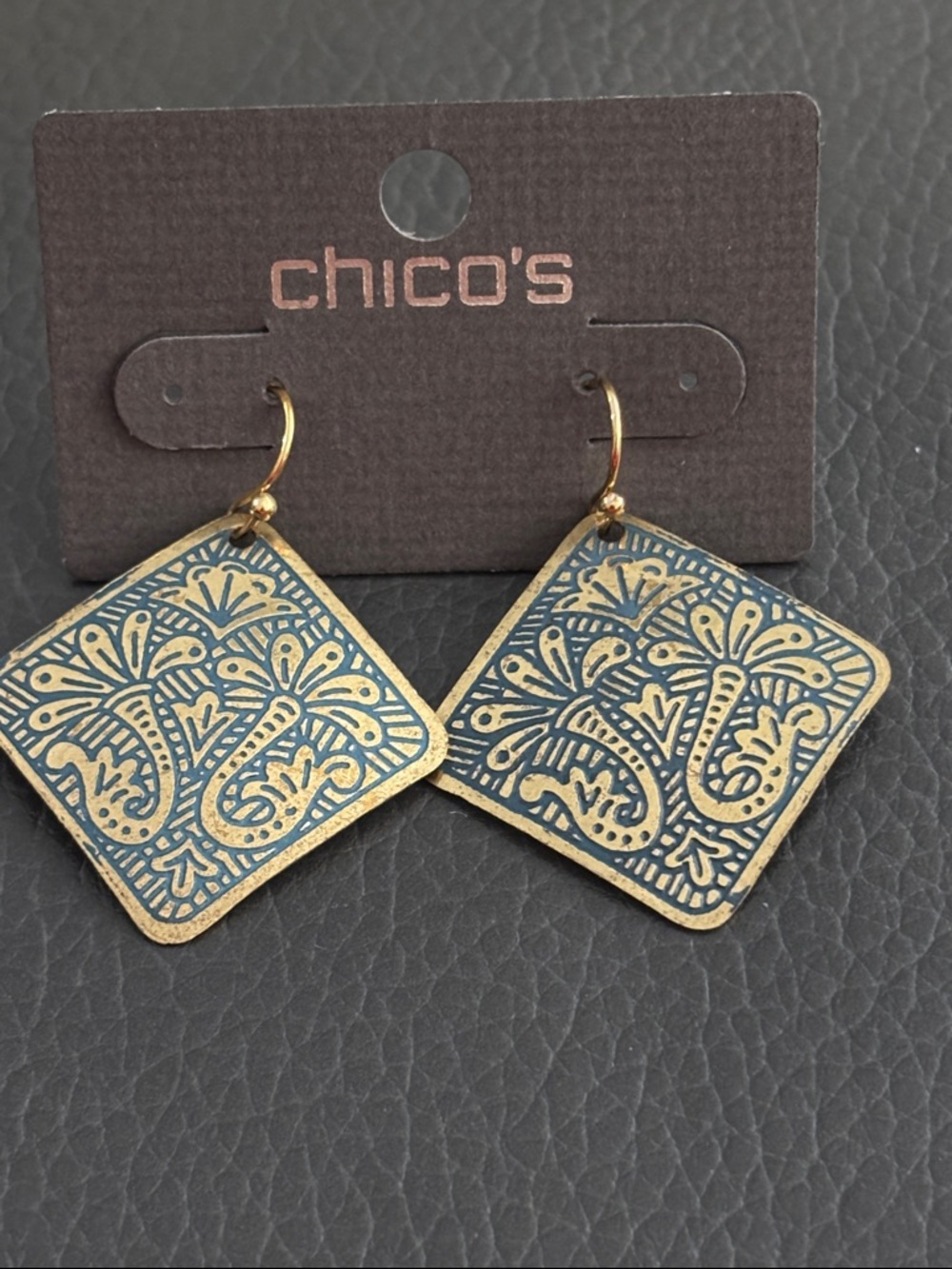 Chico's Gold and Blue Embossed Square Drop Earrings